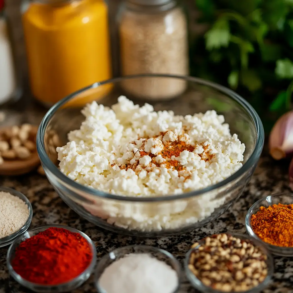 Ingredients for cottage cheese chips including cottage cheese and seasonings
