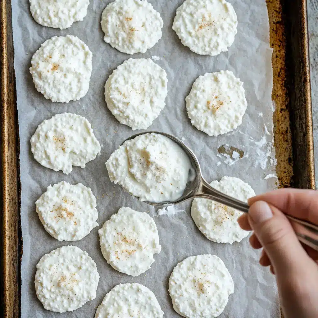 Preparing cottage cheese chips on a baking sheet with seasonings