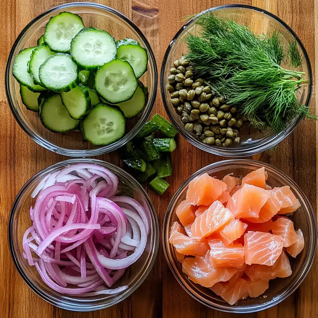 Cucumber Smoked Salmon Salad Ingredients in Glass Bowls