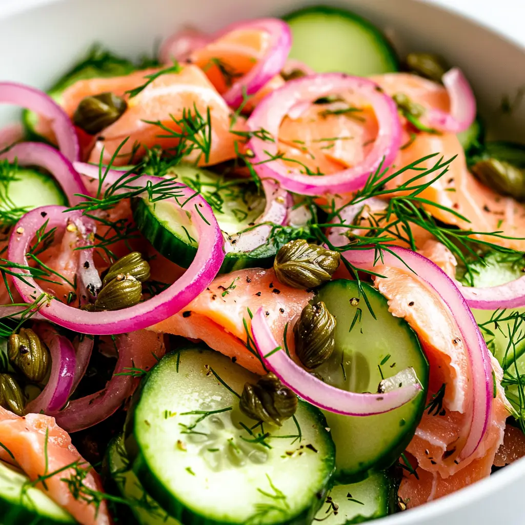 Cucumber Smoked Salmon Salad in a White Ceramic Bowl