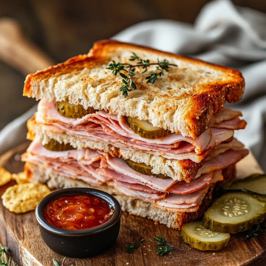 Pickle bread sandwich filled with turkey and ham