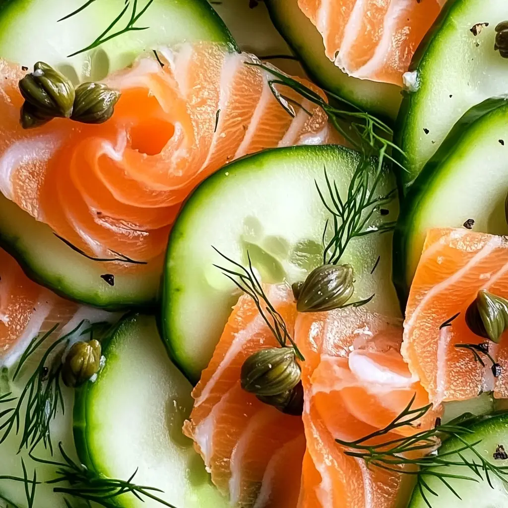 Close-Up of Smoked Salmon Slices and Cucumber