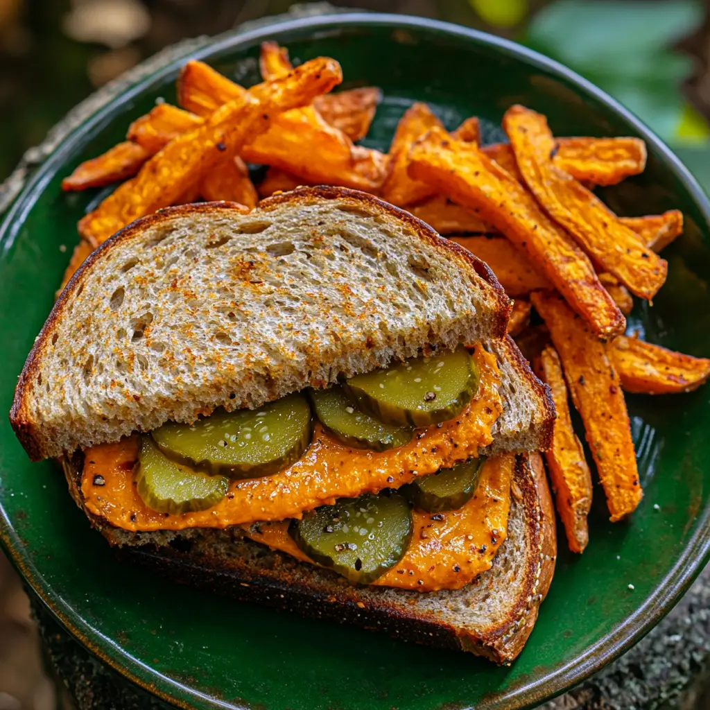 Vegan pickle bread sandwich with dairy-free cheese